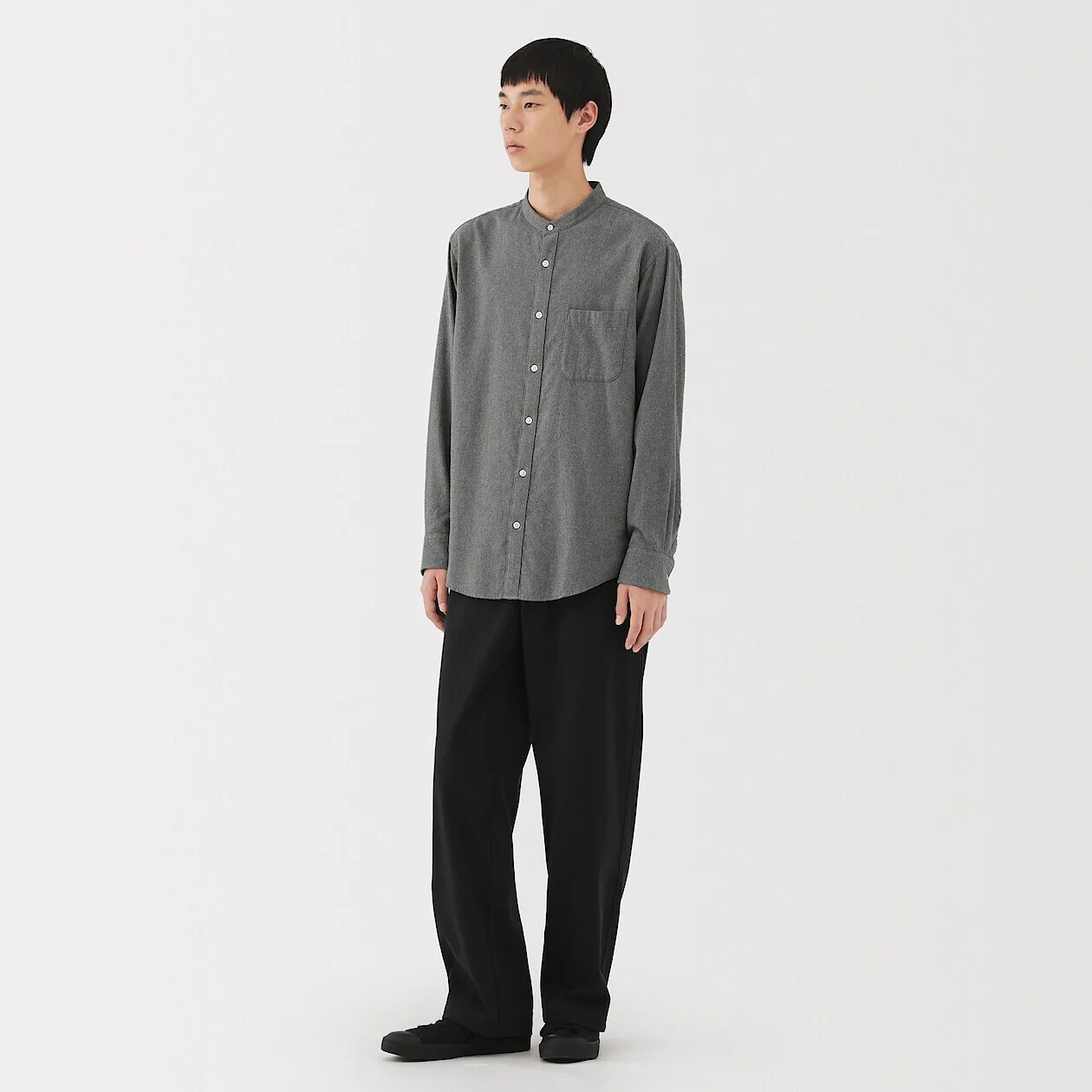 Double Brushed Flannel Stand Collar Long Sleeve Shirt - Image 16
