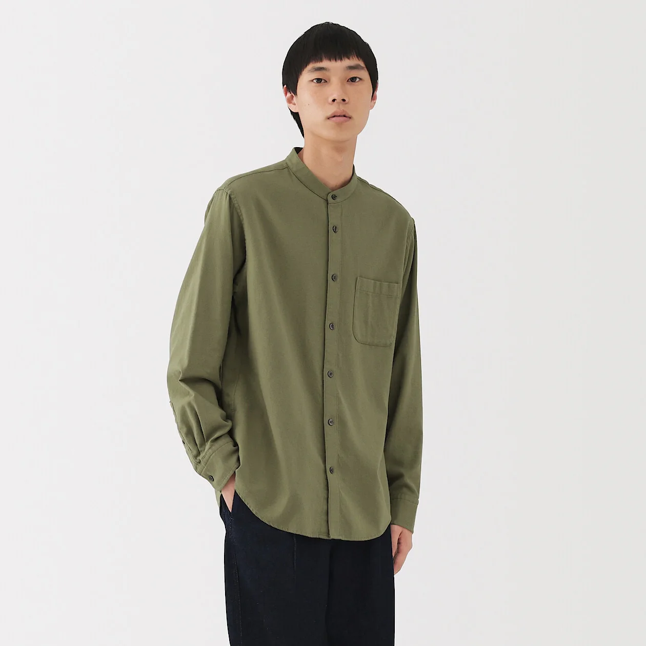Double Brushed Flannel Stand Collar Long Sleeve Shirt - Image 23