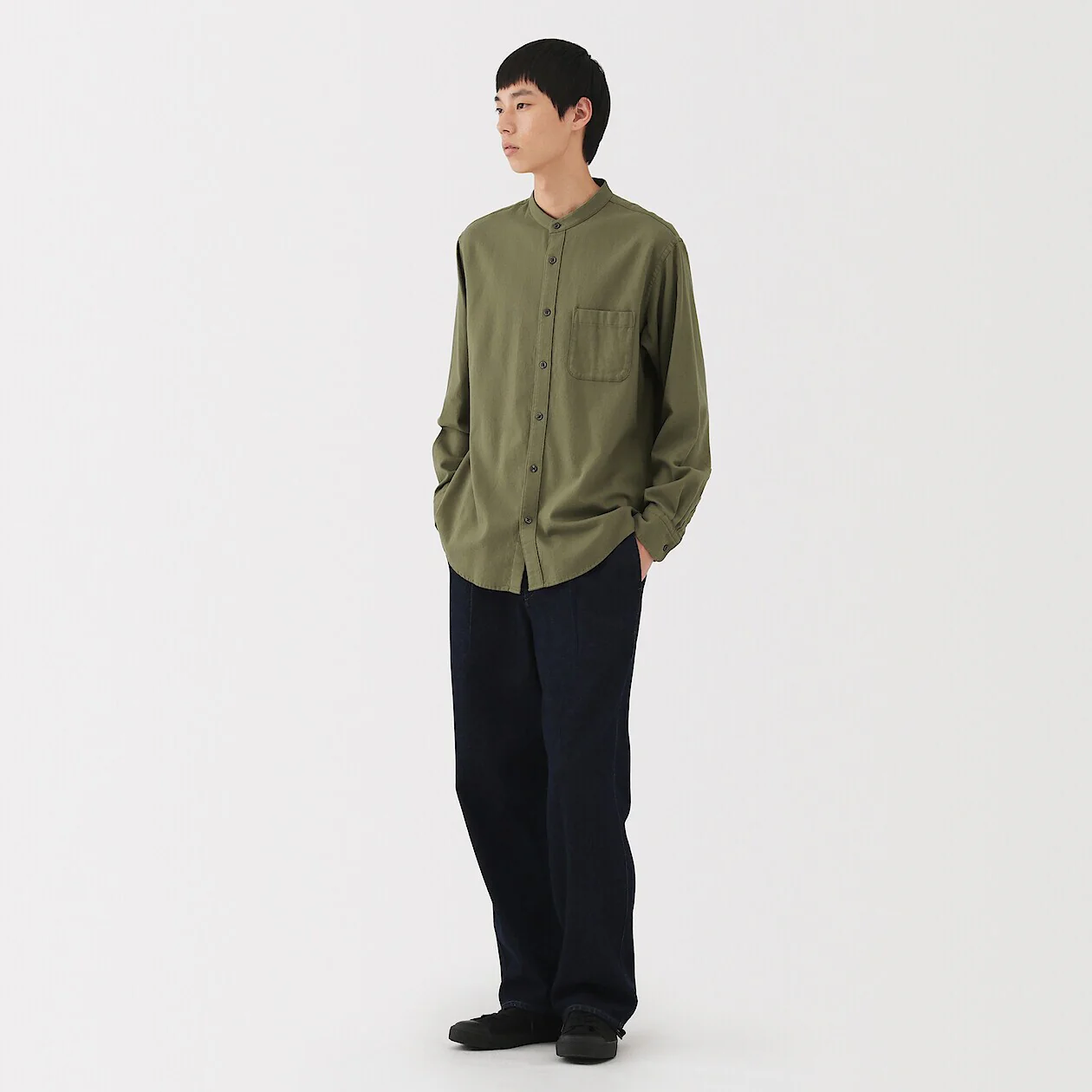 Double Brushed Flannel Stand Collar Long Sleeve Shirt - Image 24