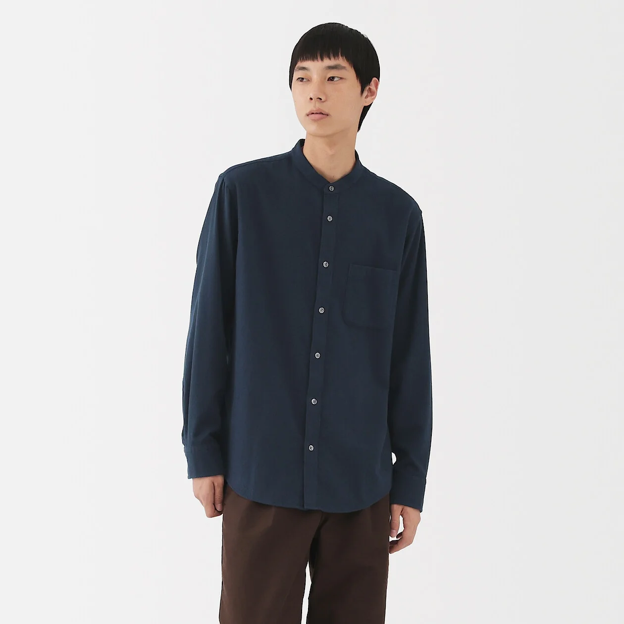 Double Brushed Flannel Stand Collar Long Sleeve Shirt - Image 28