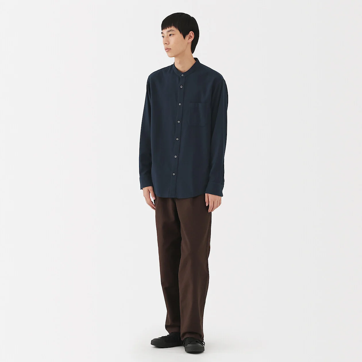 Double Brushed Flannel Stand Collar Long Sleeve Shirt - Image 29