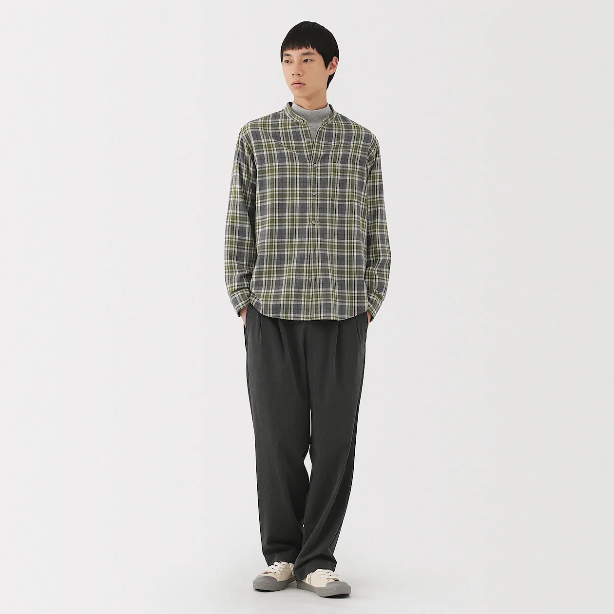 Double Brushed Flannel Stand Collar Long Sleeve Shirt - Image 34