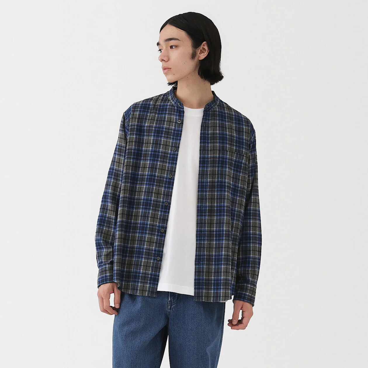 Double Brushed Flannel Stand Collar Long Sleeve Shirt - Image 38