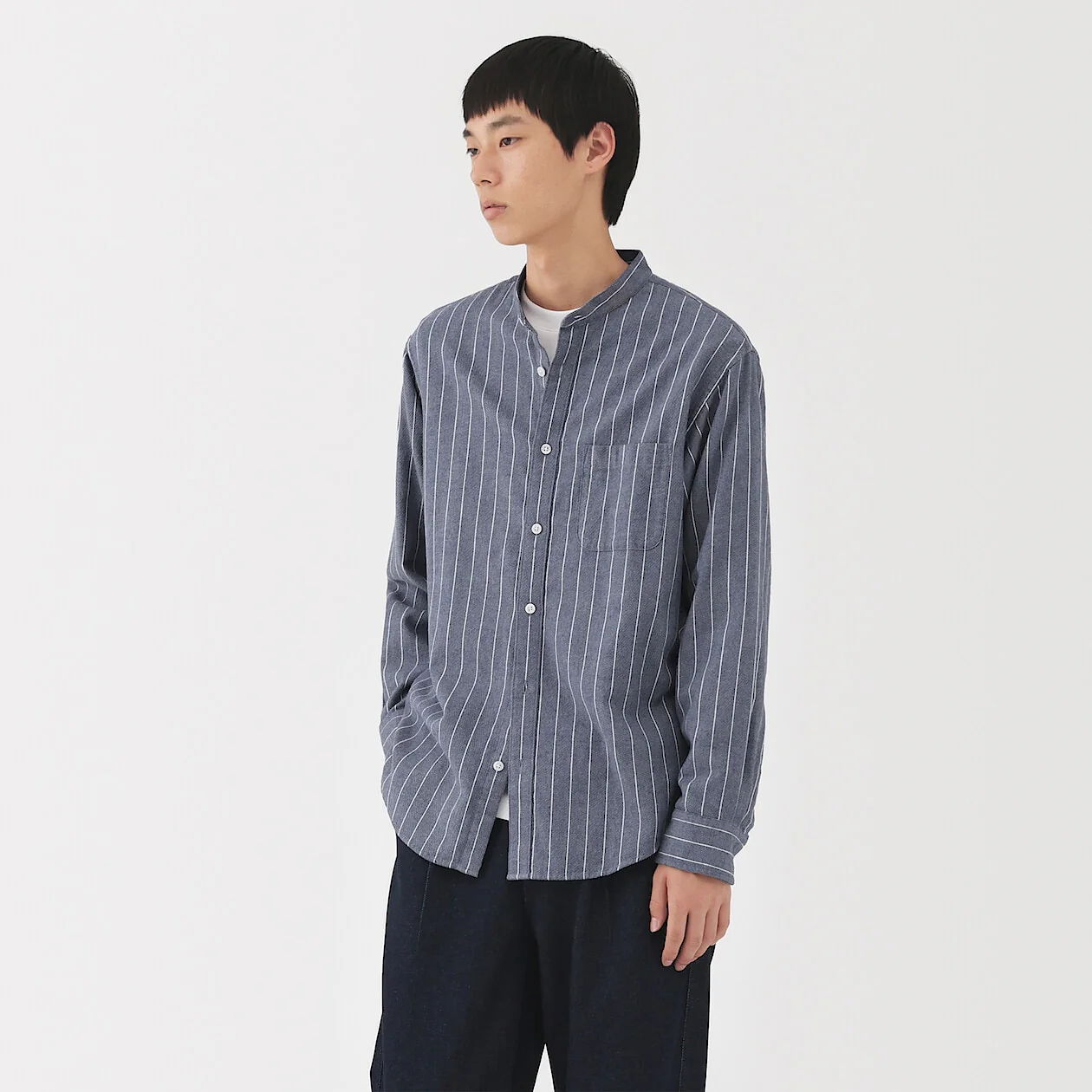 Double Brushed Flannel Stand Collar Long Sleeve Shirt - Image 43