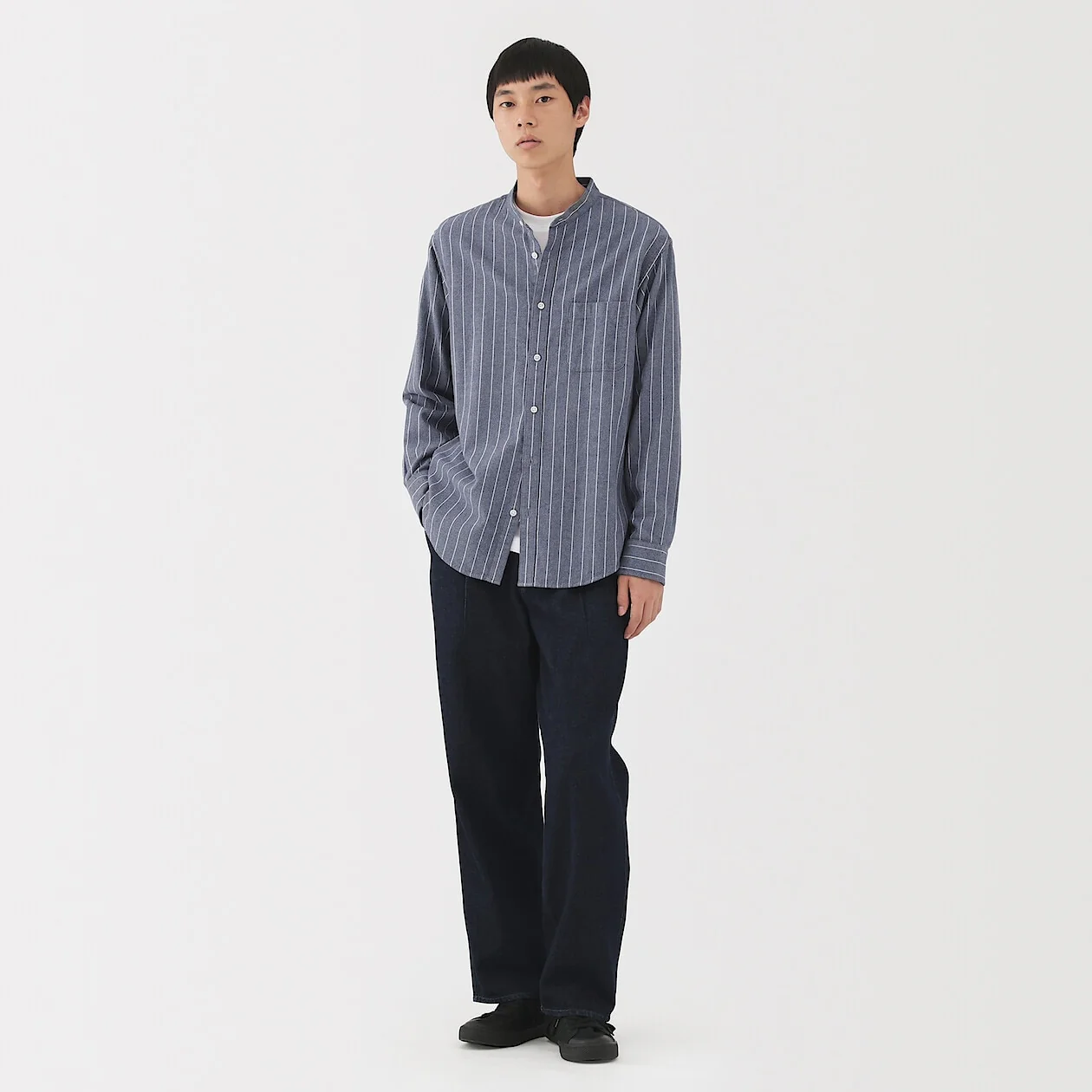 Double Brushed Flannel Stand Collar Long Sleeve Shirt - Image 44