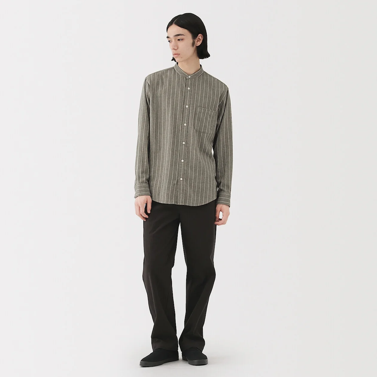 Double Brushed Flannel Stand Collar Long Sleeve Shirt - Image 49