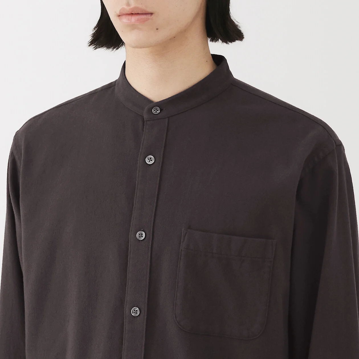 Double Brushed Flannel Stand Collar Long Sleeve Shirt - Image 5
