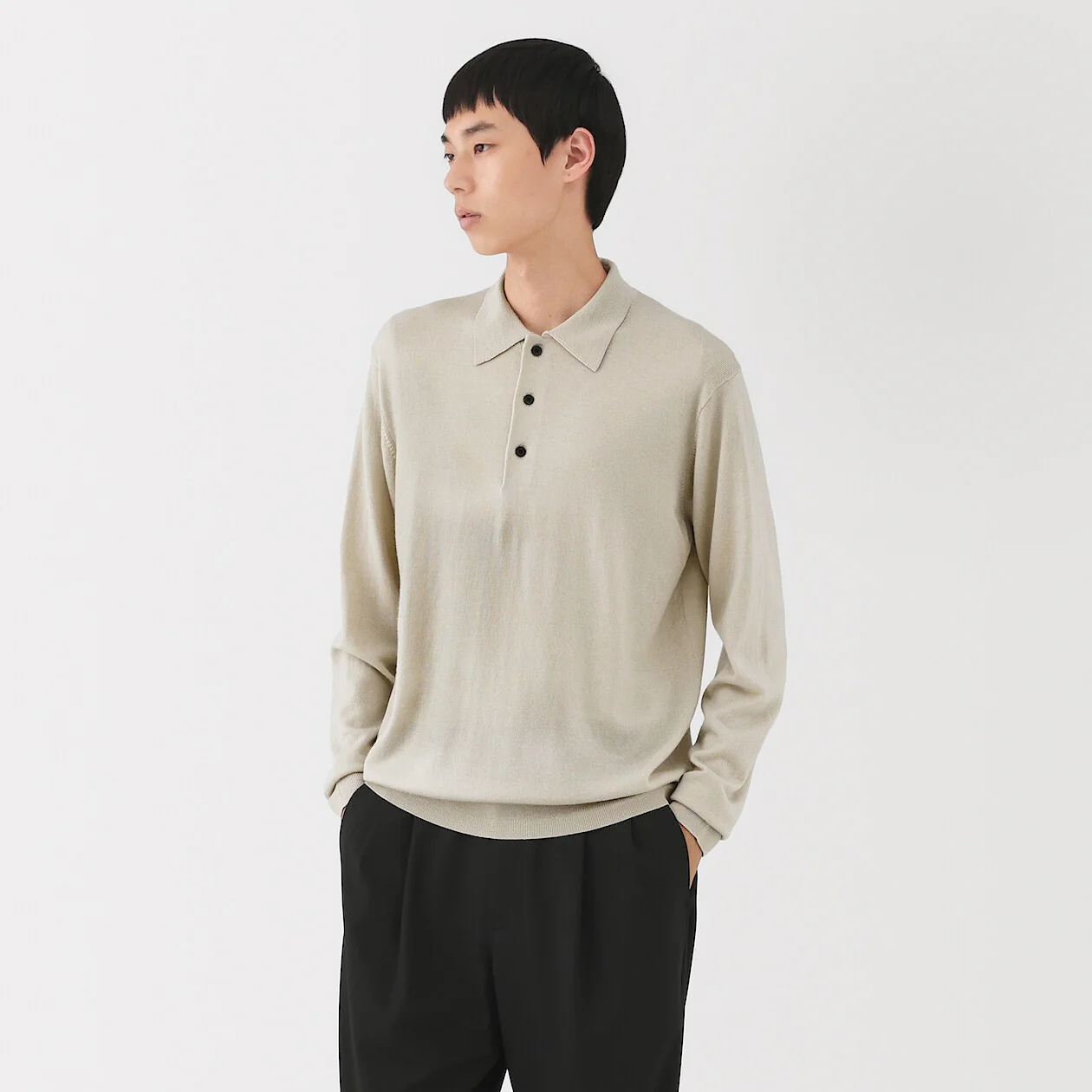 Washable Wool High-Gauge Long Sleeve Polo Shirt