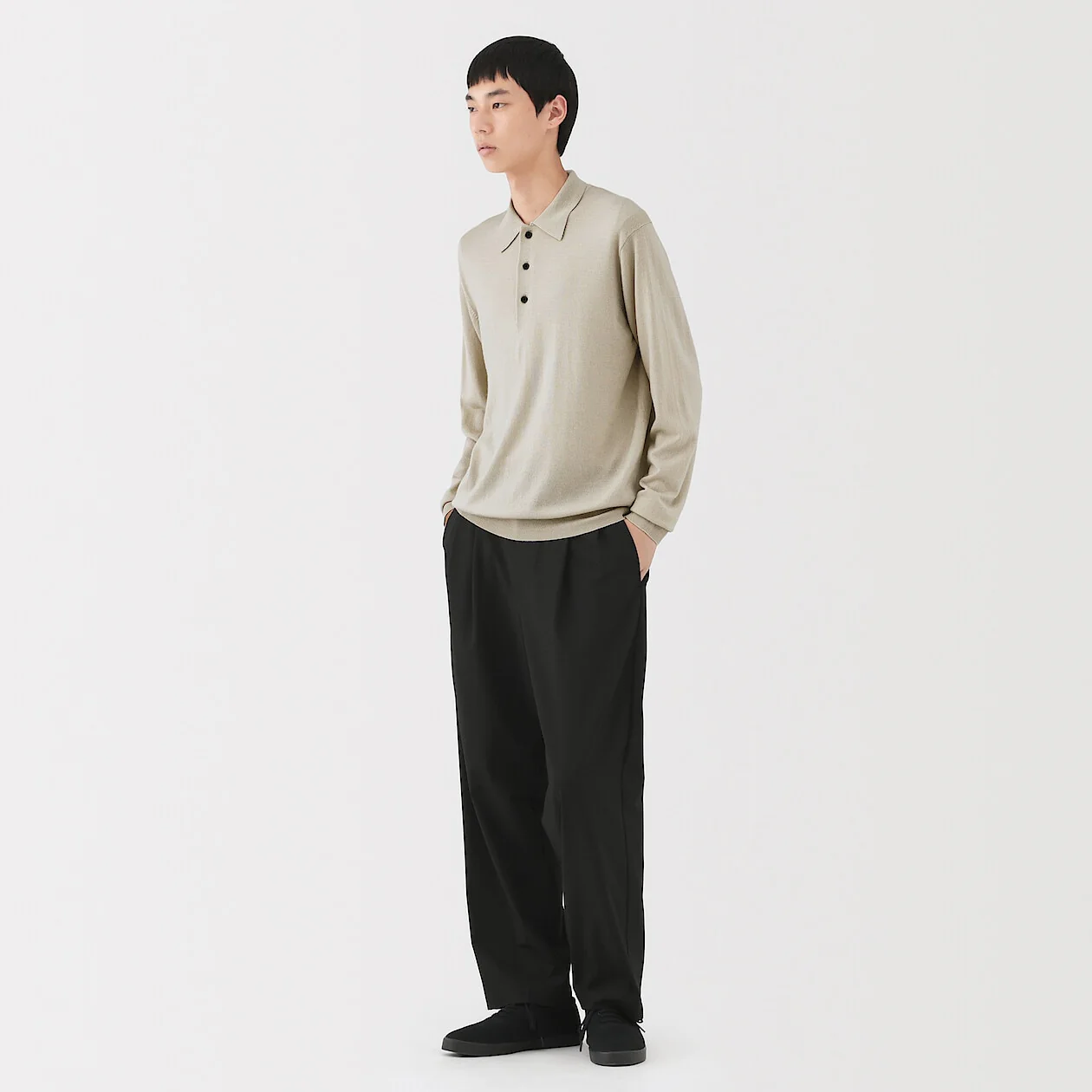 Washable Wool High-Gauge Long Sleeve Polo Shirt - Image 2