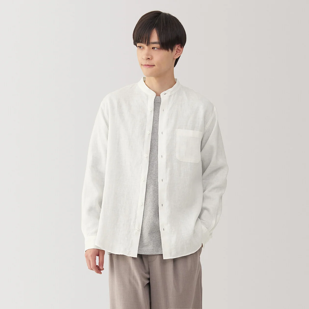 Washed Linen Stand Collar Long Sleeve Shirt