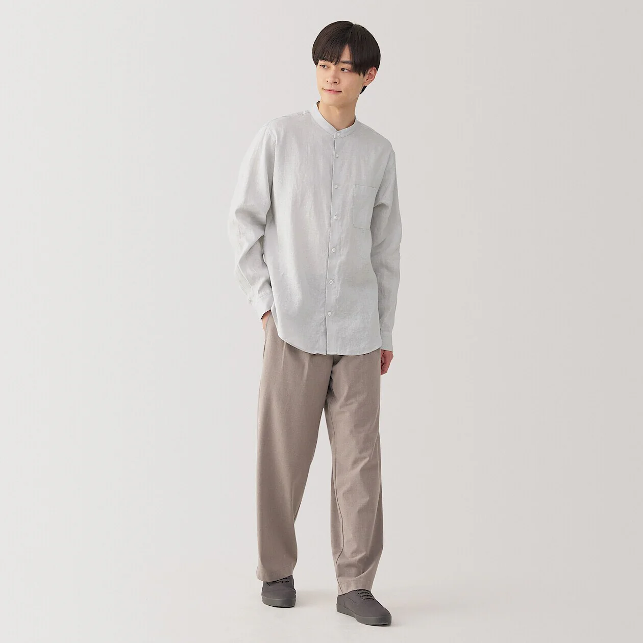 Washed Linen Stand Collar Long Sleeve Shirt - Image 10