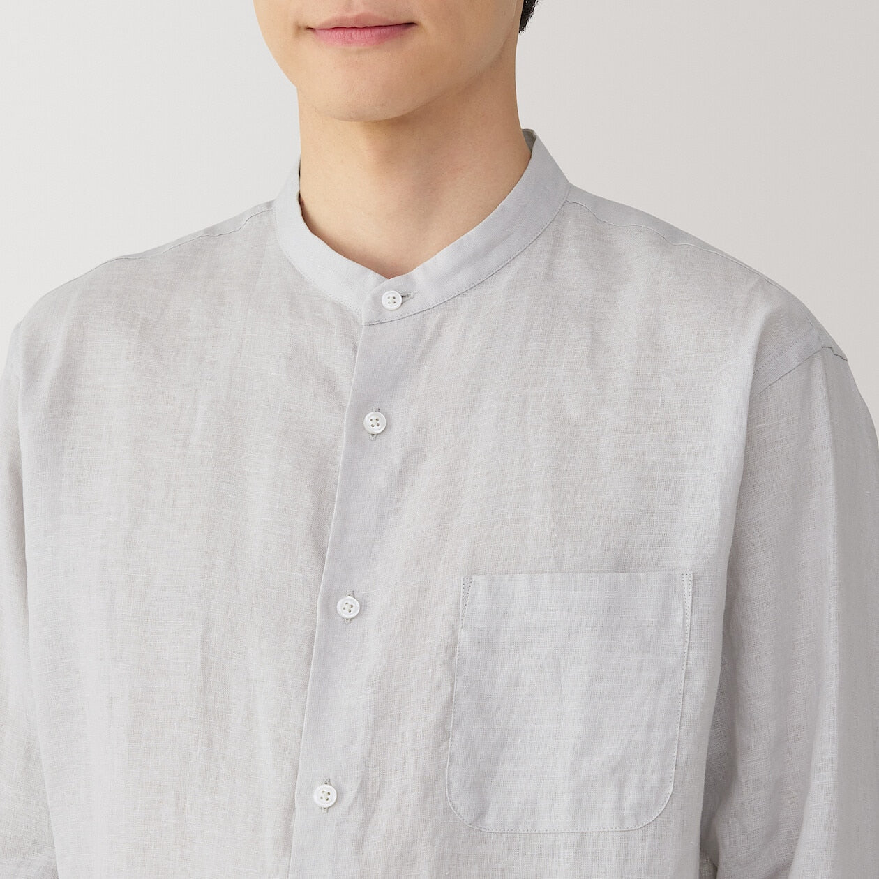 Washed Linen Stand Collar Long Sleeve Shirt - Image 13