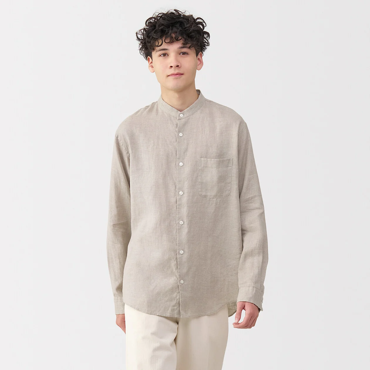 Washed Linen Stand Collar Long Sleeve Shirt - Image 17