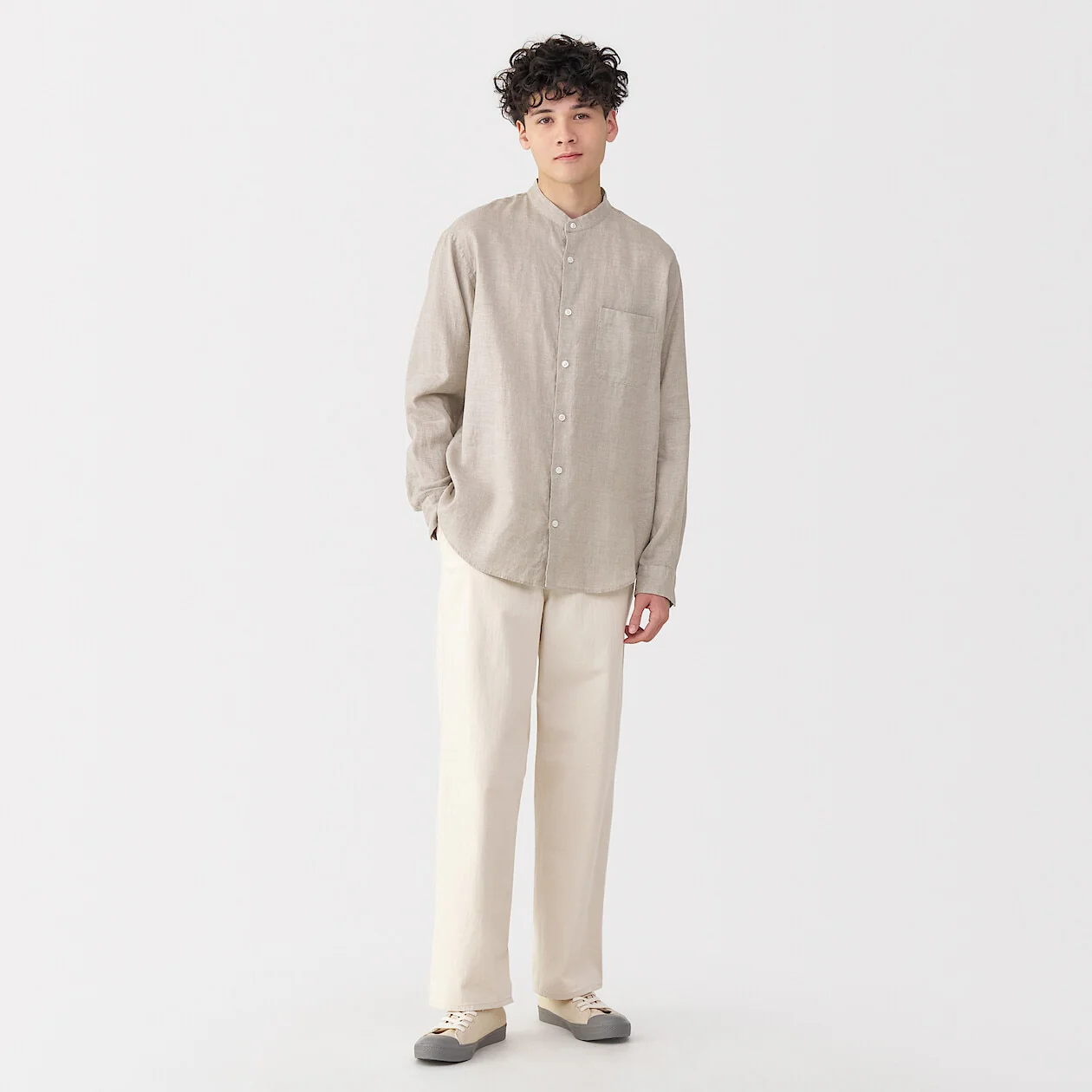 Washed Linen Stand Collar Long Sleeve Shirt - Image 18