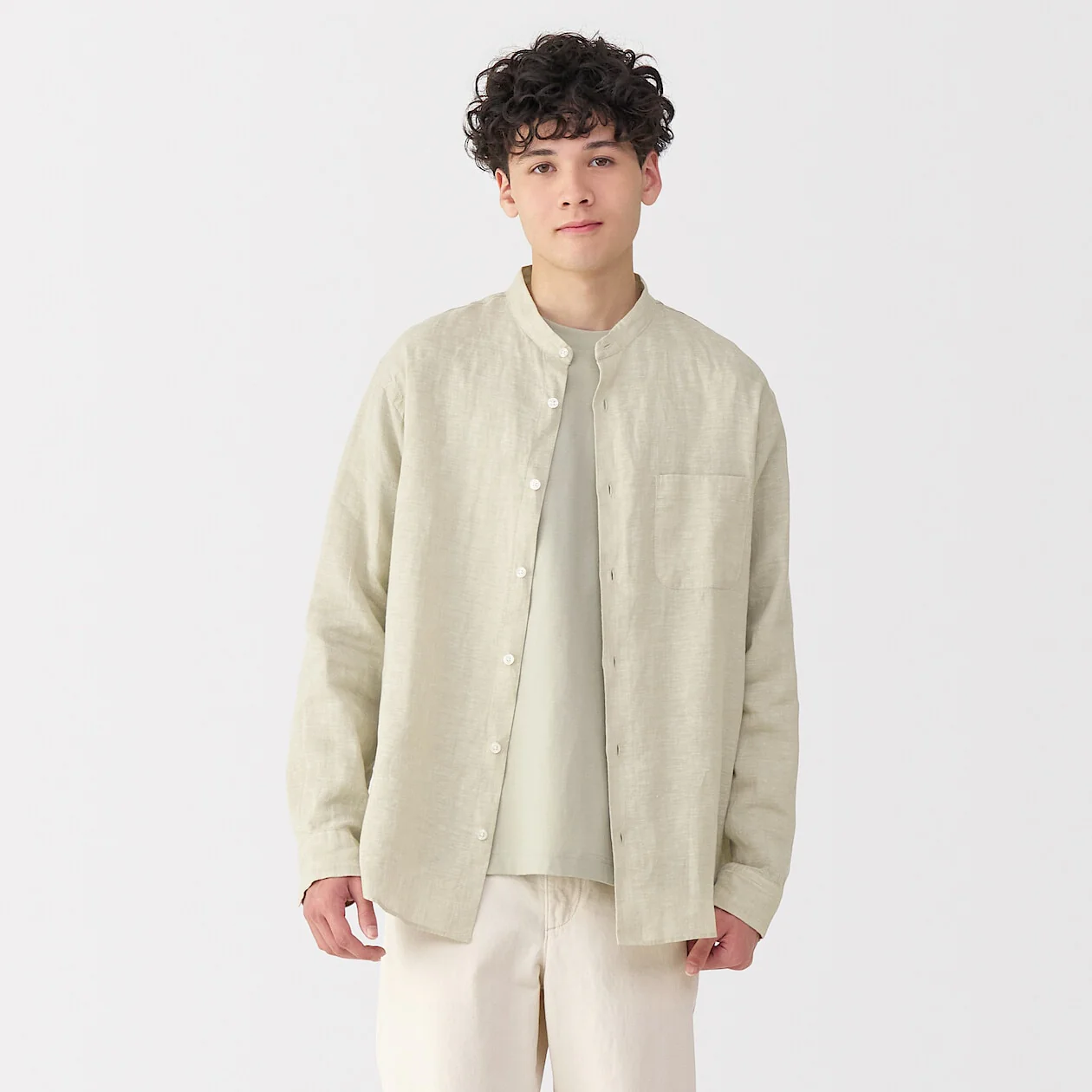 Washed Linen Stand Collar Long Sleeve Shirt - Image 25