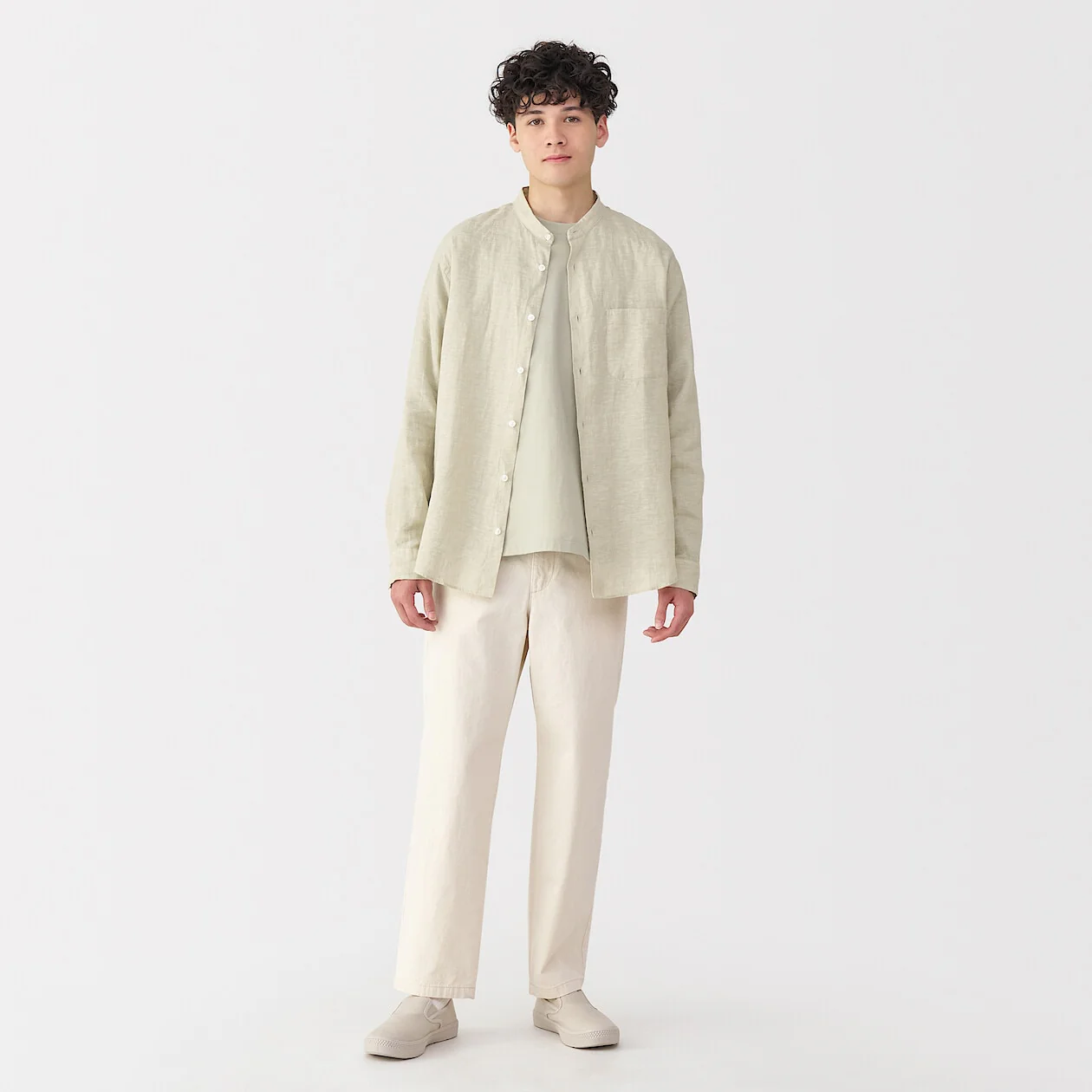 Washed Linen Stand Collar Long Sleeve Shirt - Image 26