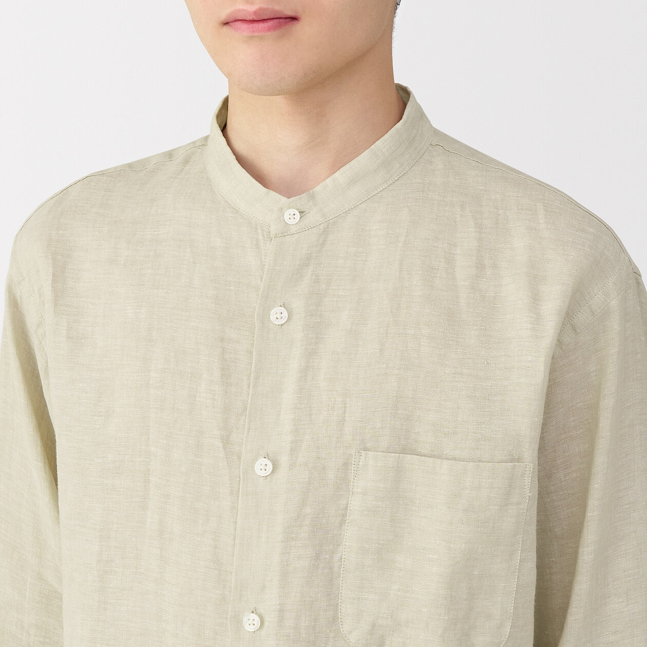 Washed Linen Stand Collar Long Sleeve Shirt - Image 29