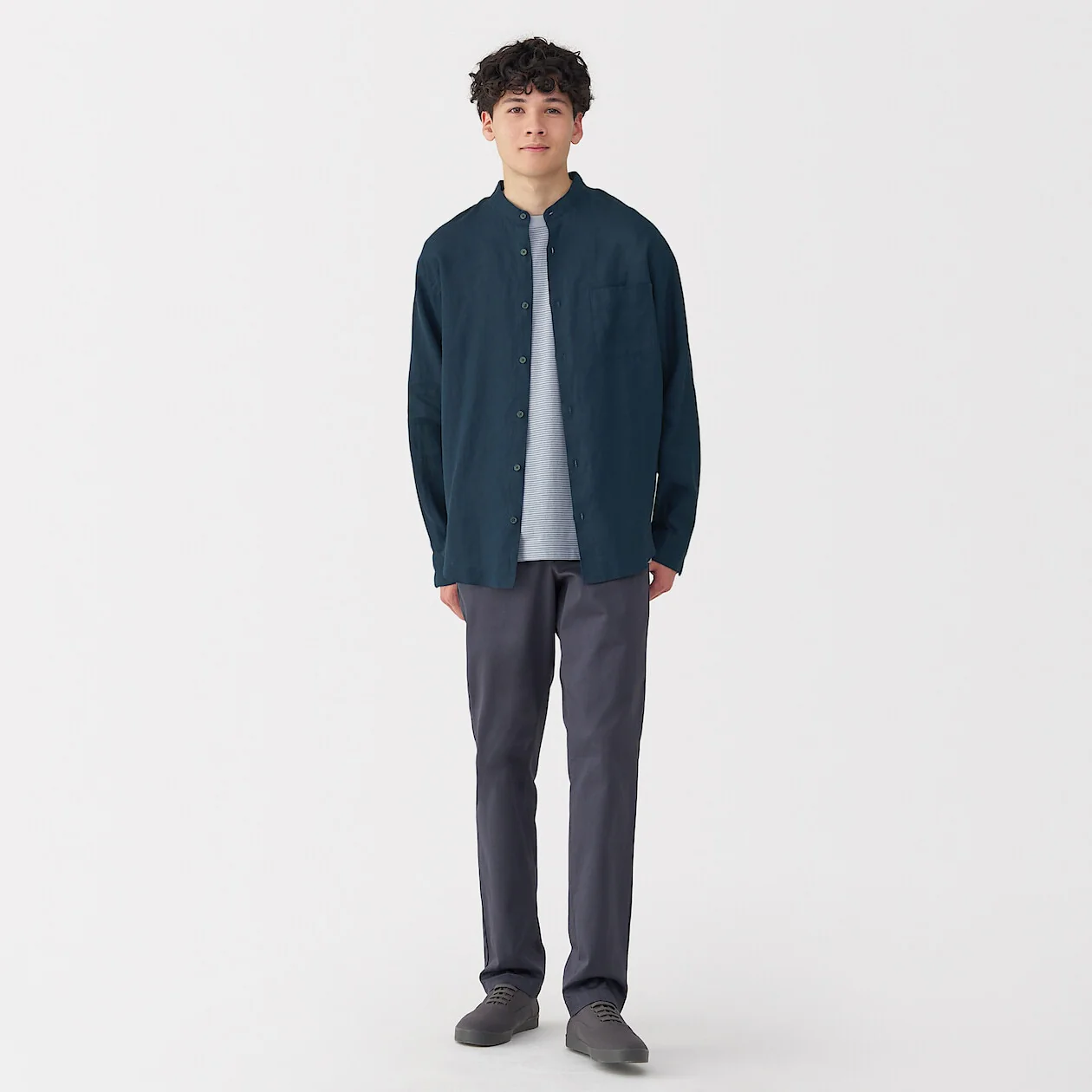 Washed Linen Stand Collar Long Sleeve Shirt - Image 34