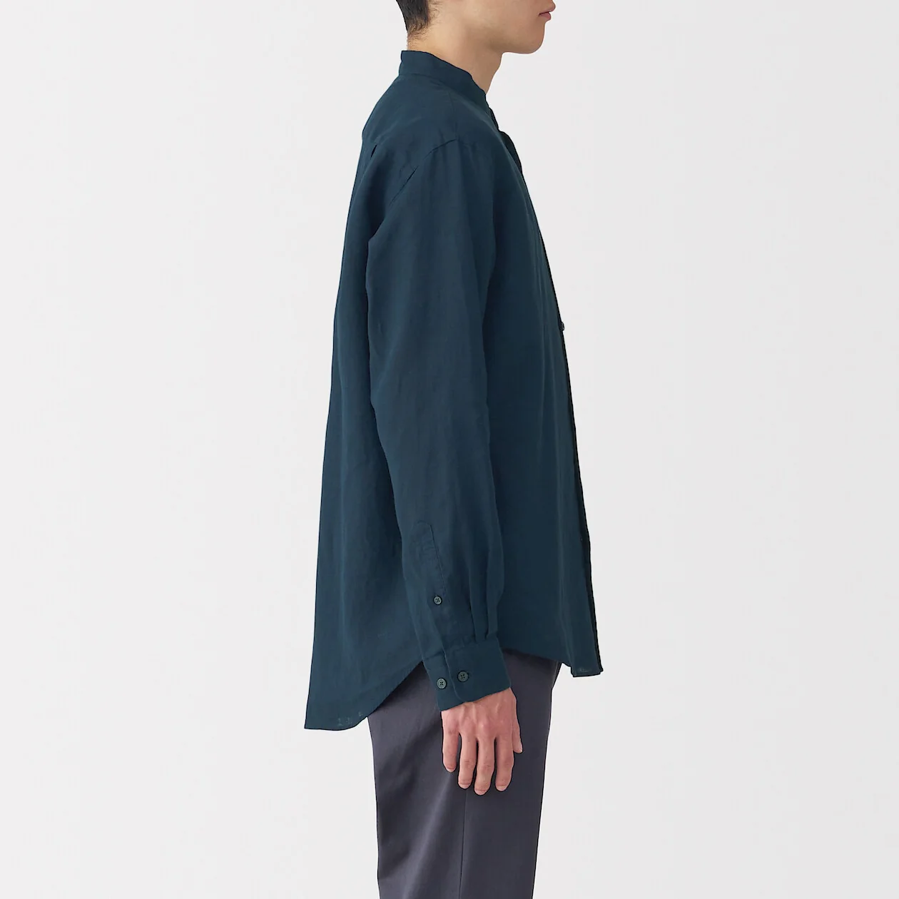 Washed Linen Stand Collar Long Sleeve Shirt - Image 35