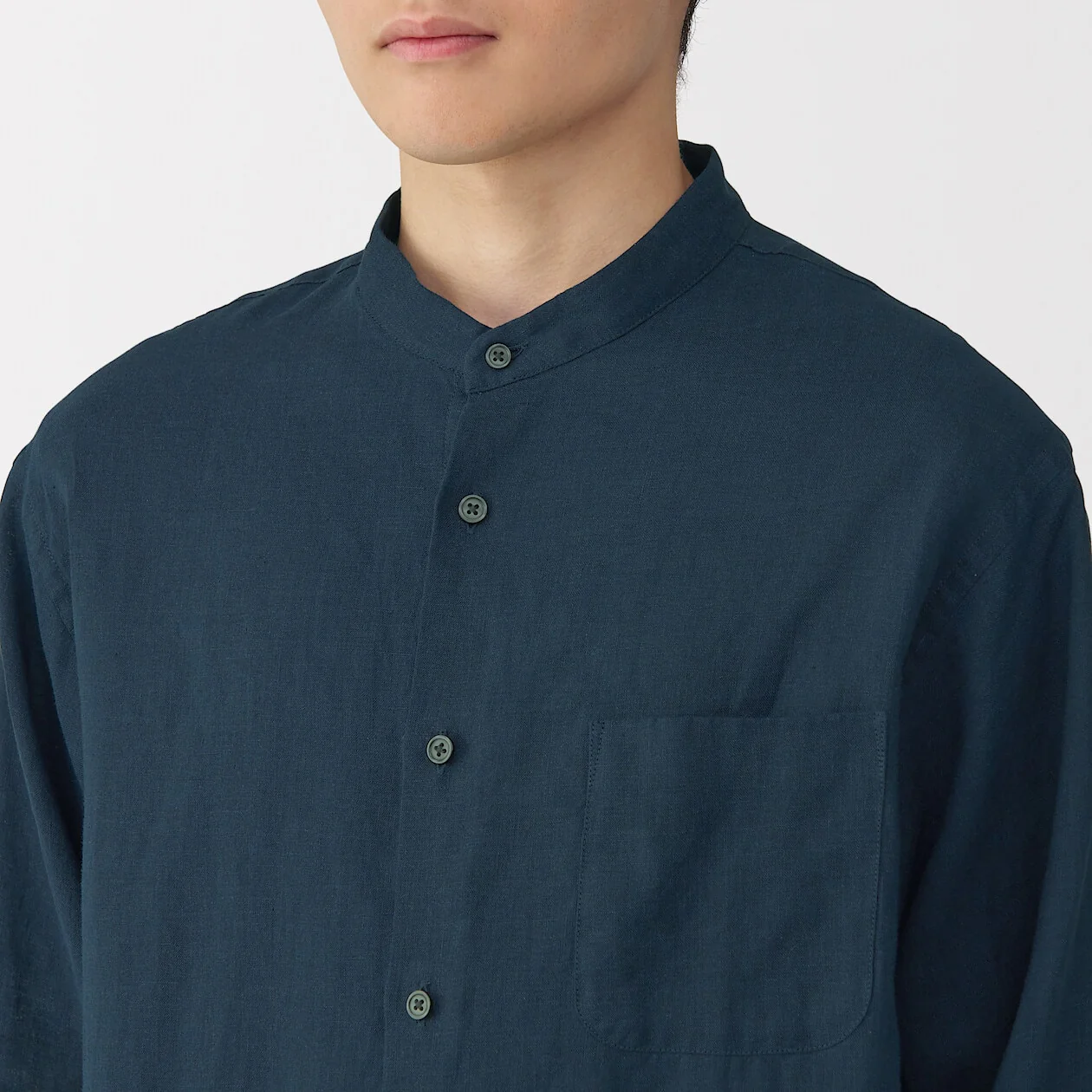 Washed Linen Stand Collar Long Sleeve Shirt - Image 37