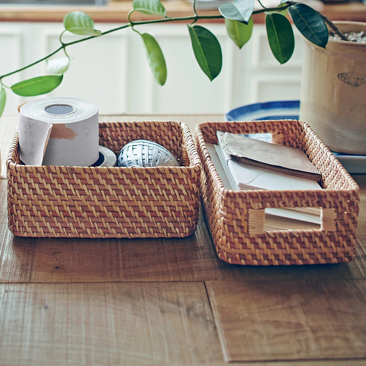Stackable Rattan Rectangular Basket with Handles