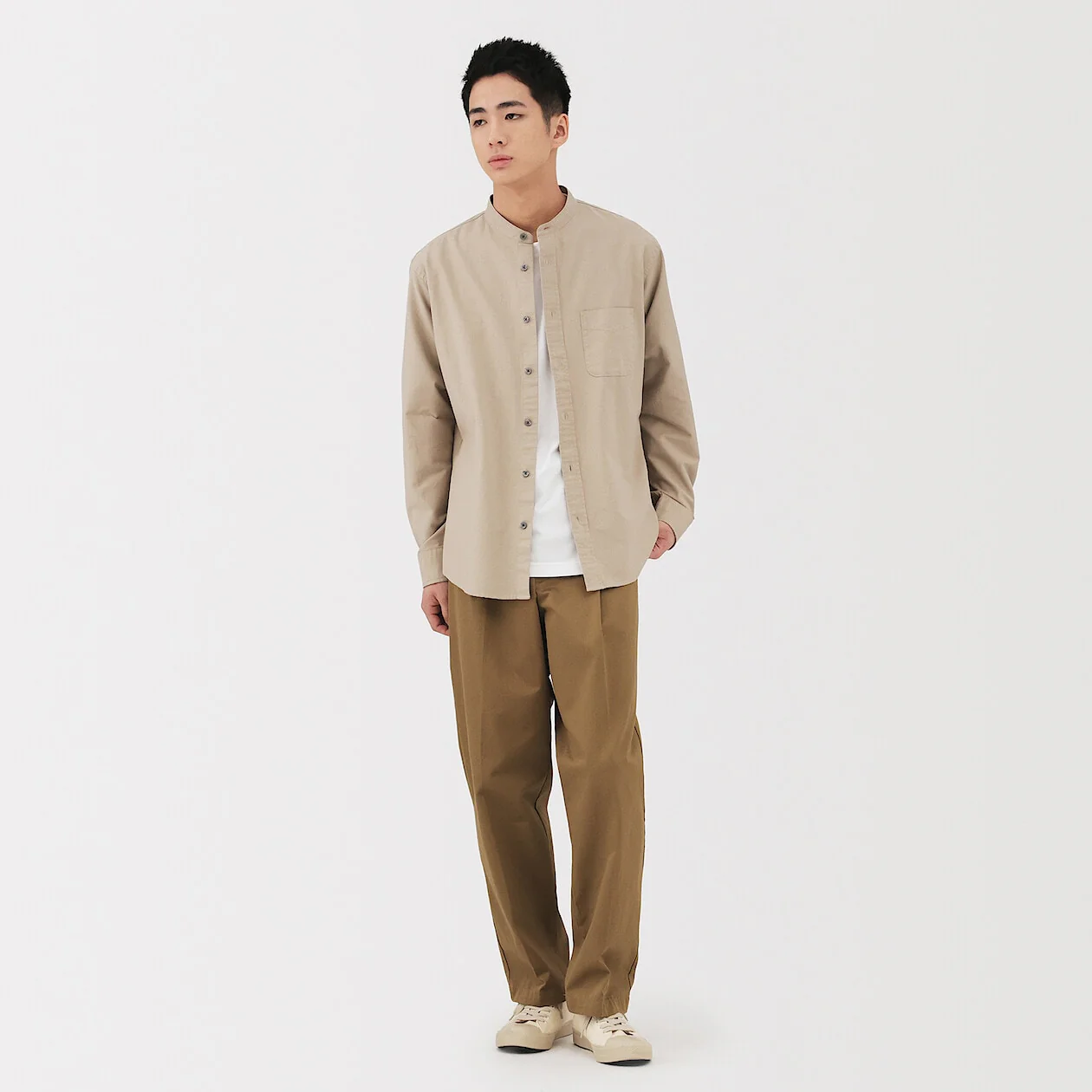 Washed Oxford 100% Cotton Stand Collar Shirt - Image 49