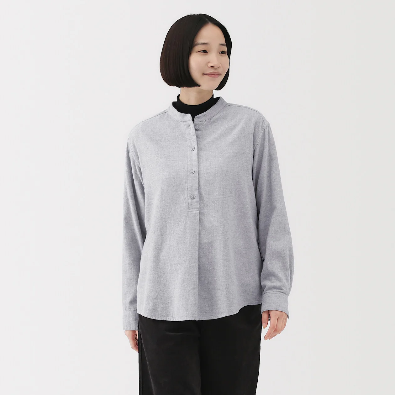 Double Brushed Flannel Stand Collar Long Sleeve Blouse - Image 5