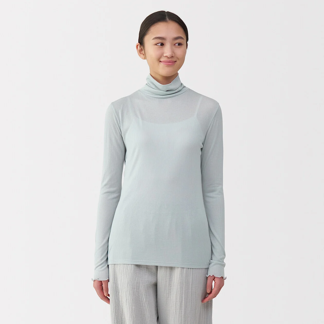 Silk Blend Sheer Turtleneck Long Sleeve T-Shirt