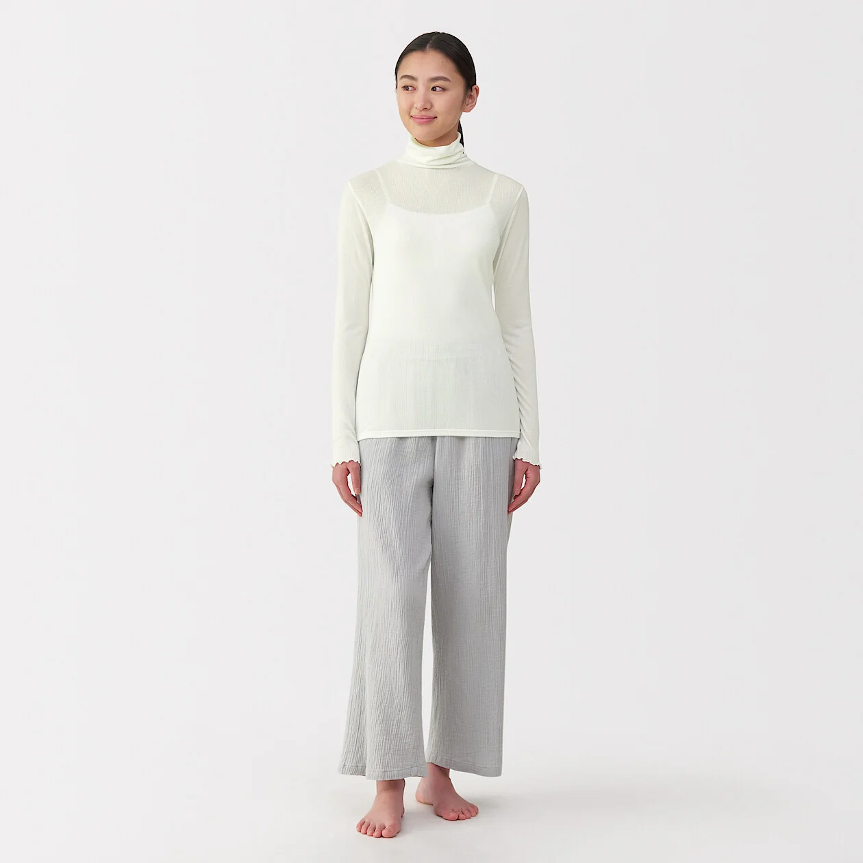 Silk Blend Sheer Turtleneck Long Sleeve T-Shirt - Image 11