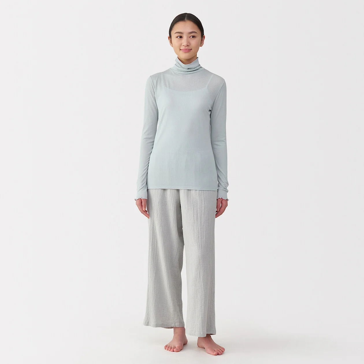 Silk Blend Sheer Turtleneck Long Sleeve T-Shirt - Image 2