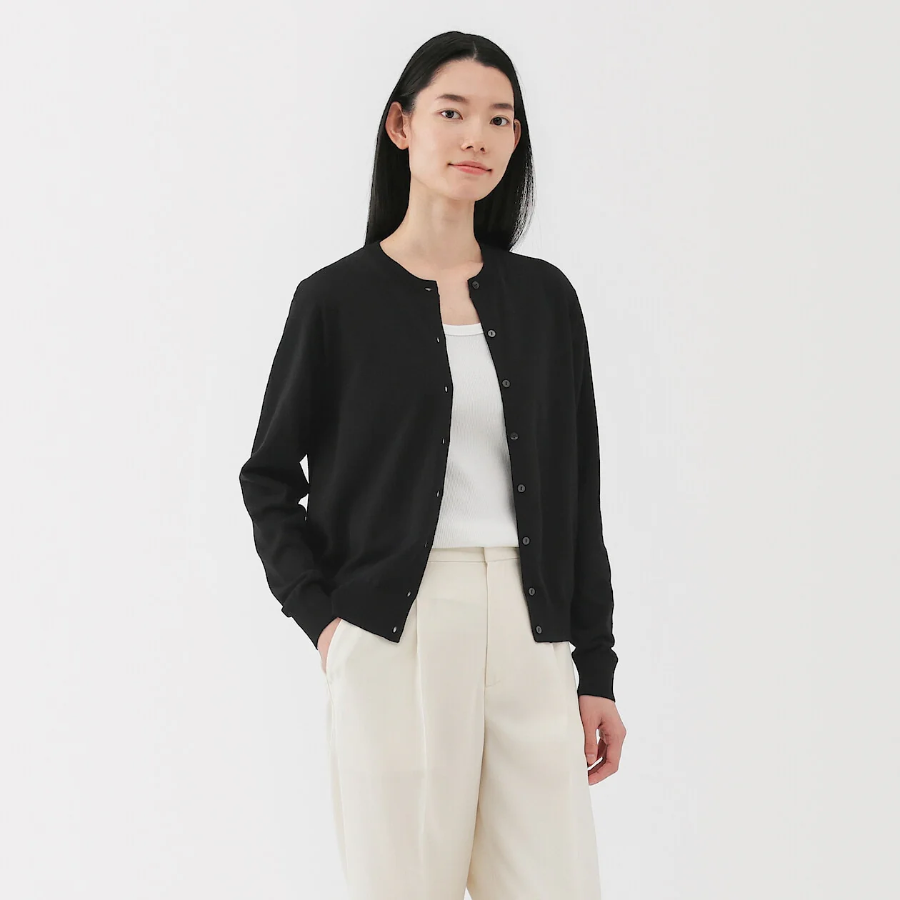 Lightweight Cotton Knit Crewneck Cardigan - Image 25