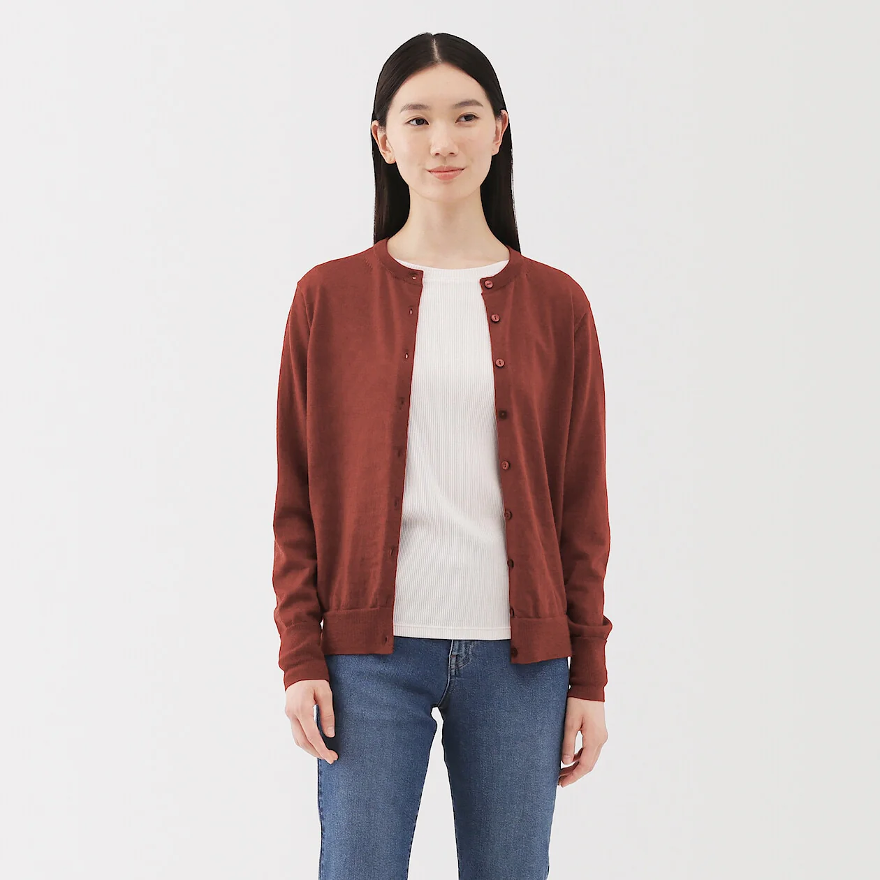 Washable Wool High-Gauge Crewneck Cardigan