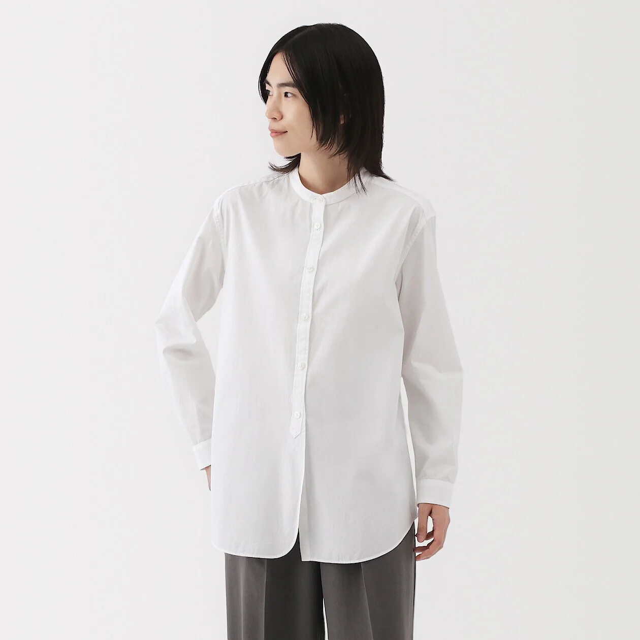 Washed Broadcloth 100% Cotton Stand Collar Long Shirt - Image 10