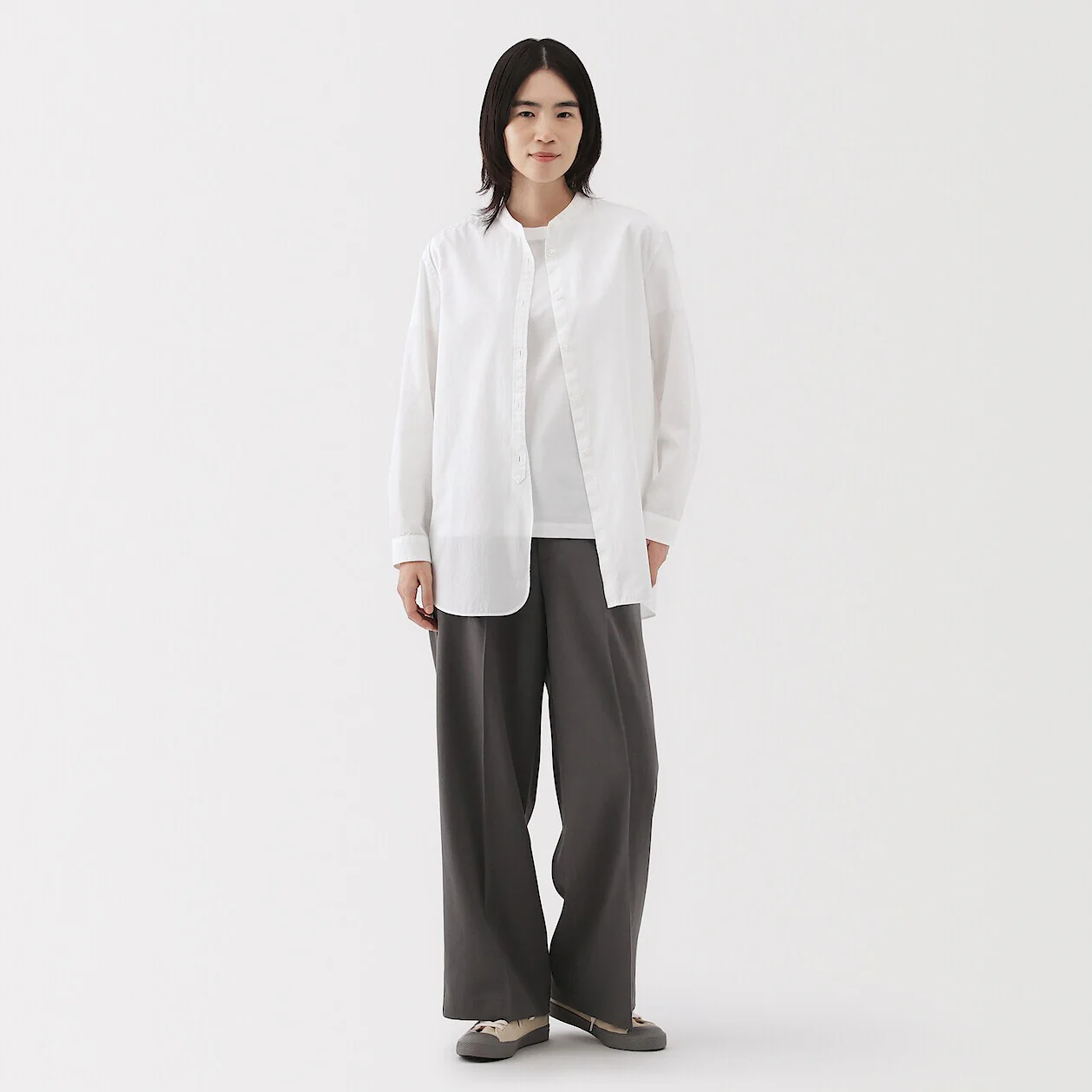 Washed Broadcloth 100% Cotton Stand Collar Long Shirt - Image 11
