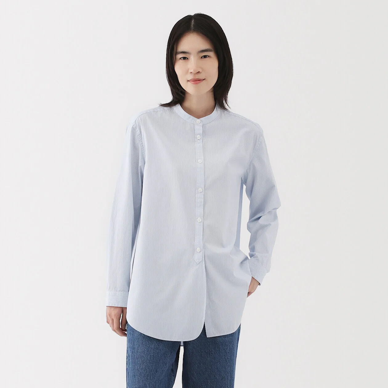 Washed Broadcloth 100% Cotton Stand Collar Long Shirt - Image 20